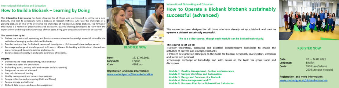 Overview on the two biobanking courses informing about content and goals, dates and costs.