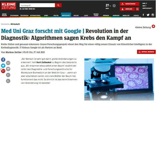 A screenshot of the article on the research collaboration in Austrian newspaper Kleine Zeitung with a picture of a microscope and a histological image of glands