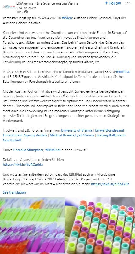 A screenshot of LISAvienna's LinkedIn posting announcing the Austrian Cohort research days