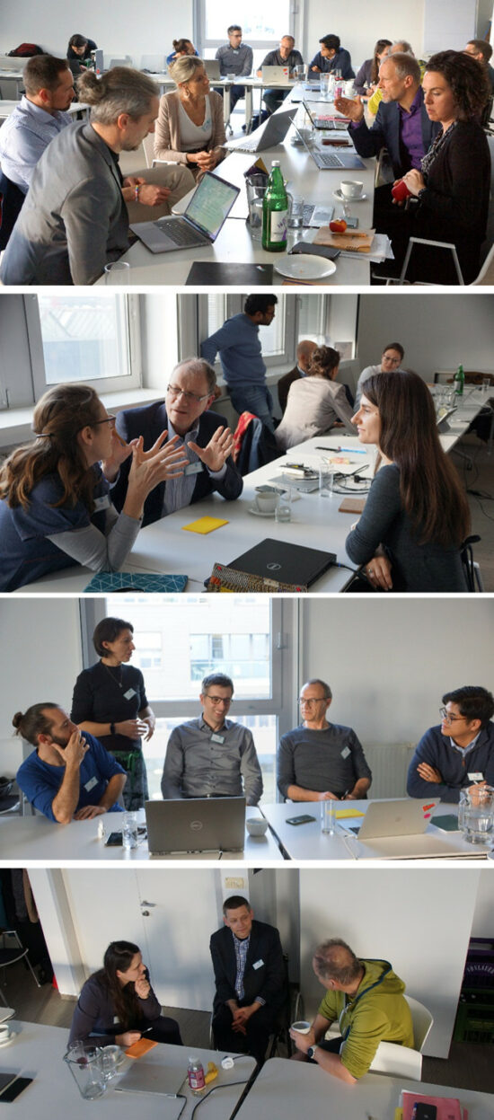 A series of four pictures showing people talking and working together at the project kick-off