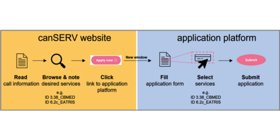 The picture depicts the application process. On the canSERV website, read call information, browse for services and click on the link to the application platform (