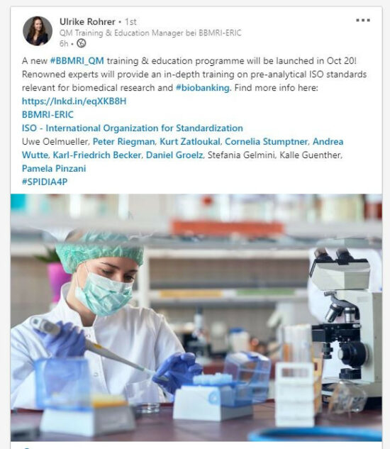 Screenshot of a LinkedIn post announcing BBMRI-ERIC's quality management e-training with a picture of a scientist working with a pipette