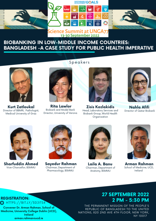 Poster of the Science Summit at UNGA77 showing portraits and names of eight speakers