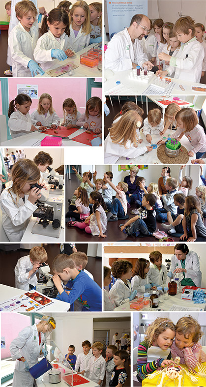 A series of pictures showing young children using microscopes, pipettes and listening to the researcher's explanations