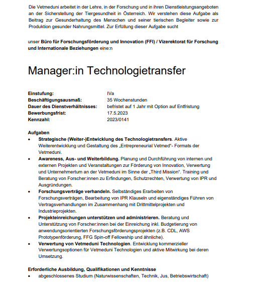 The picture shows a part of the original job offer announcement in German.