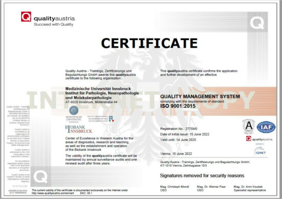 A picture of the ISO Certificate awarded to Biobank Innsbruck