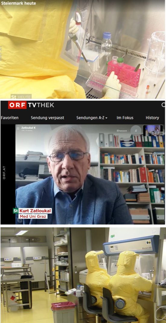 Two pictures of scientists in yellow suits working in a BSL-3 high security laboratory, one picture of Prof. Zatloukal giving an interview online