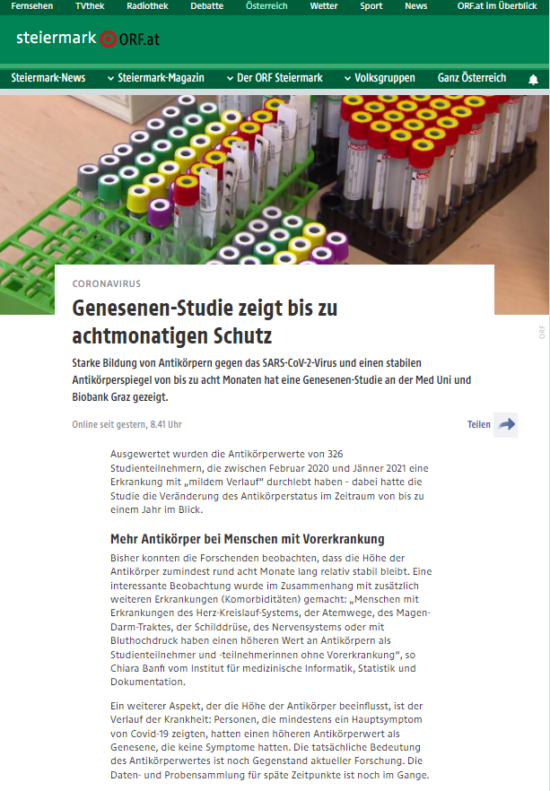 A screenshot of the German news report on the study from the website of the Austrian Public Broadcaster
