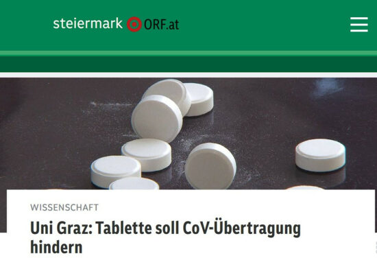 A screenshot of the original news article on ORF Steiermark with a picture white pills on a black ground