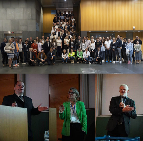 A collage of pictures showing the three keynote speakers and a group picture of the participants of the event